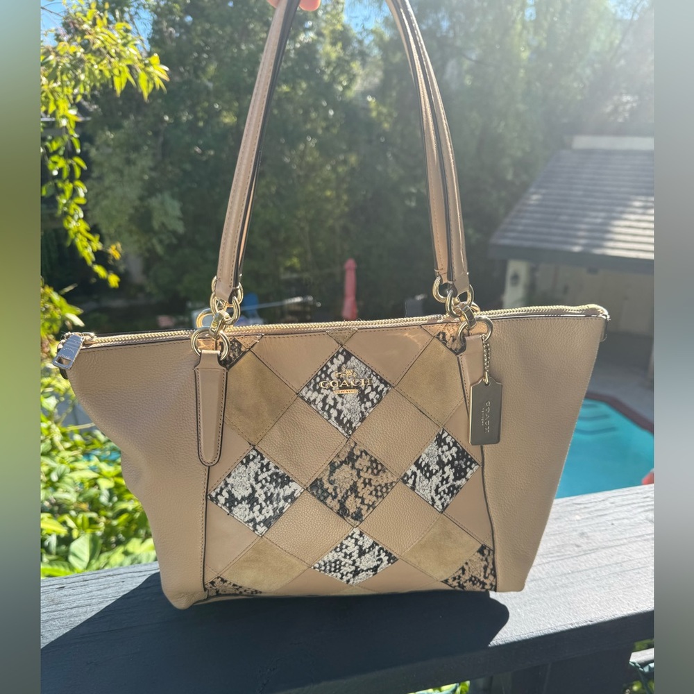 Coach Beige and Black Patchwork snakeskin Ava Tote in beechwood beige